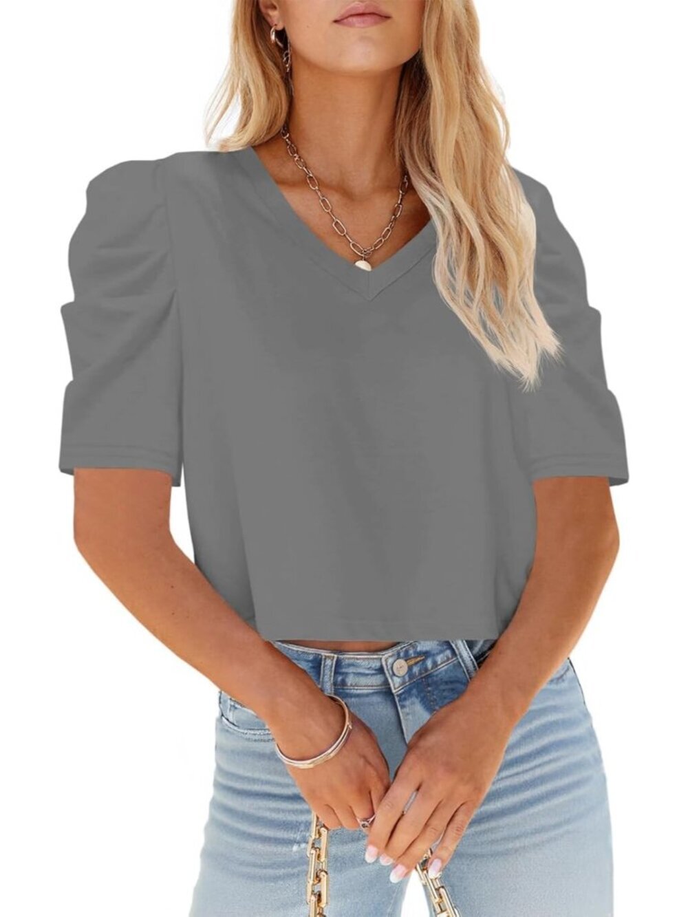 〽️Women's Gray Short Sleeve V Neck Cropped Casual Crop Tops T Shirts